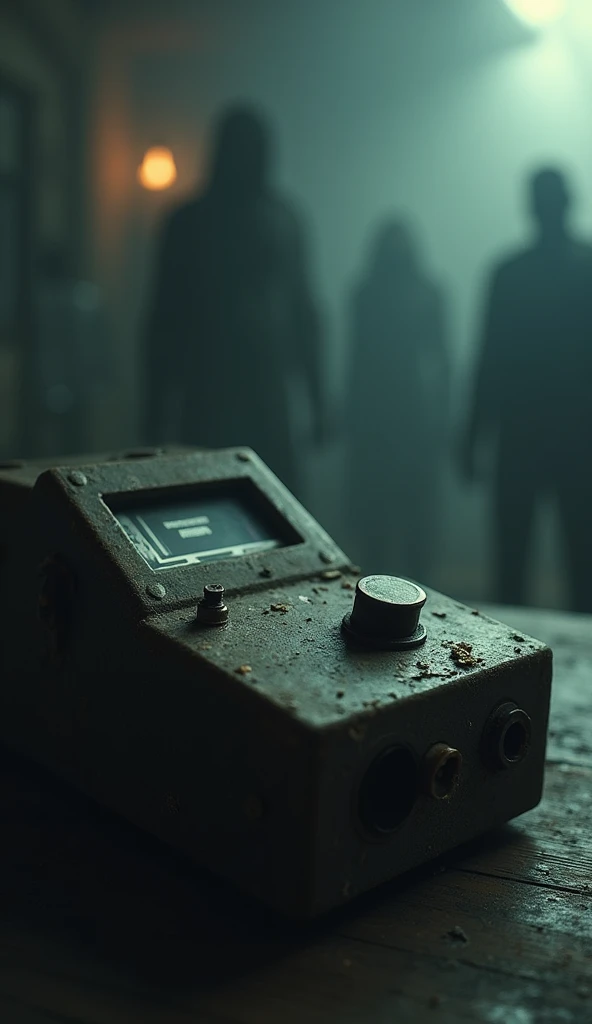 A close-up of an old, dusty audio recorder with the play button pressed, showing sound waves on a small screen. The background is dark, with faint shadows and a blurry figure in the distance.