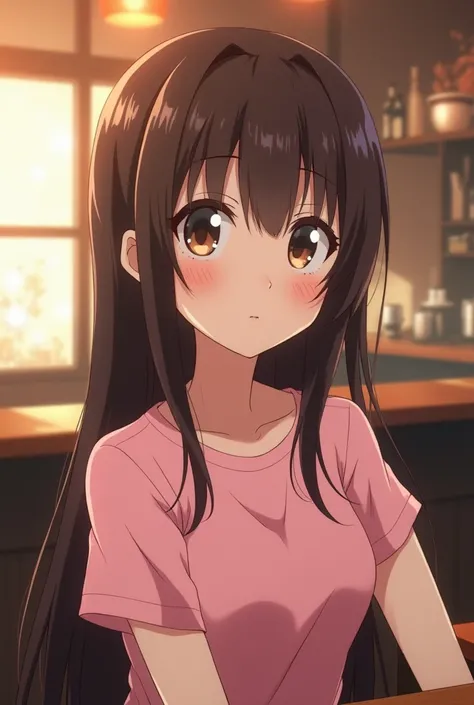 Anime tall grown up daughter with straight brown hair and wearing a pink t-shirt, as the daughter has a flat chest, as the daughter is looking at the viewer while slightly smiling with her mouth closed, as she is blushing, as she is sitting down at a bar, ...