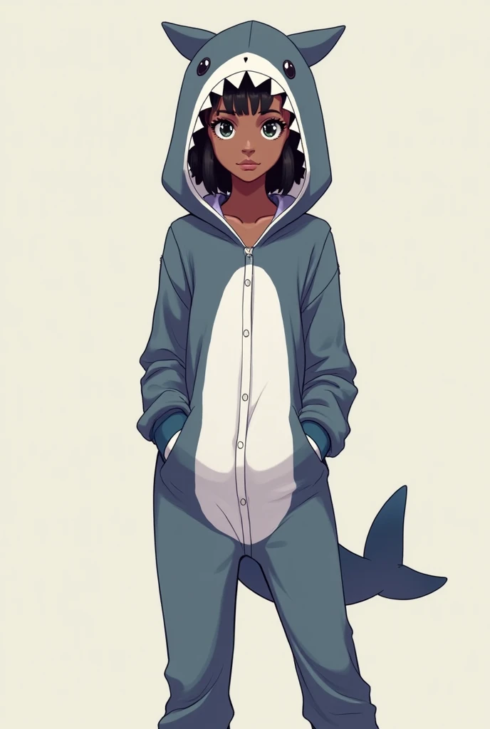 An anime woman with shark hooded pajamas and a black skin tone