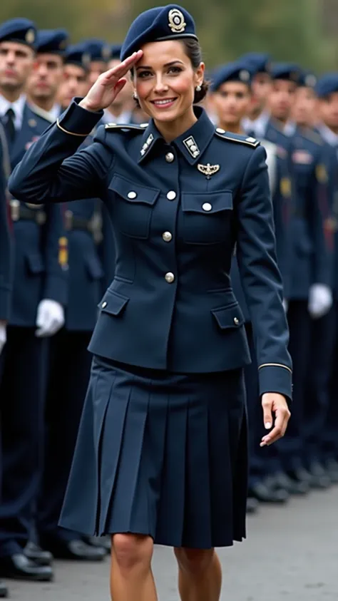 With elegance and confidence, a woman dressed in a deep navy-blue Argentine military uniform with silver insignia and a pleated skirt strides forward. She salutes sharply, her warm smile exuding grace, as disciplined Argentine troops stand in formation beh...