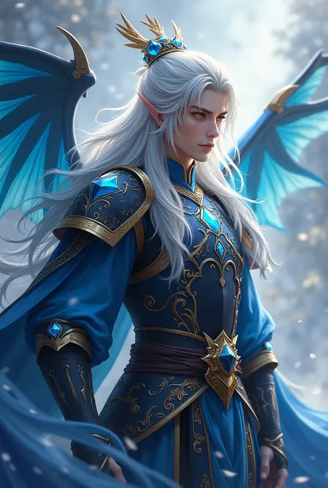 Handsome young man protagonist xianxia,golden amber eyes and long silver hair, sapphire crown floating at top head,Use armour with azure and black color combination featuring like Chinese azure dragon wings at back,ultra hd, better quality