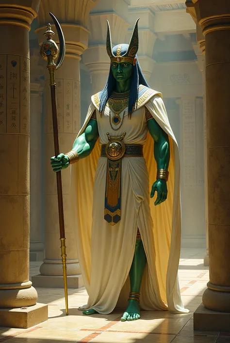 Osires, Egyptian God, Green-skinned wearing a white robe and holding a staff and a scourge.