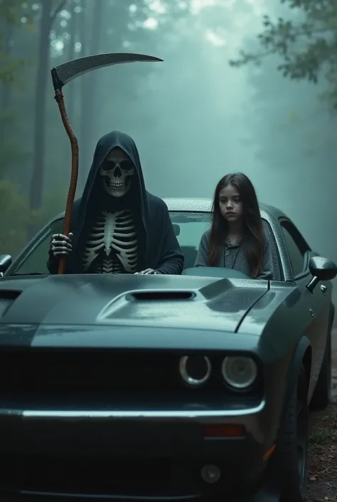 Santa Muerte sitting next to a girl in a dodge challenger and a misty forest in the background