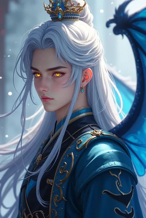 Handsome young man protagonist xianxia,golden amber eyes and long silver hair, sapphire crown floating at top head,Use armour with azure and black color combination featuring like Chinese azure dragon wings at back,ultra hd, better quality