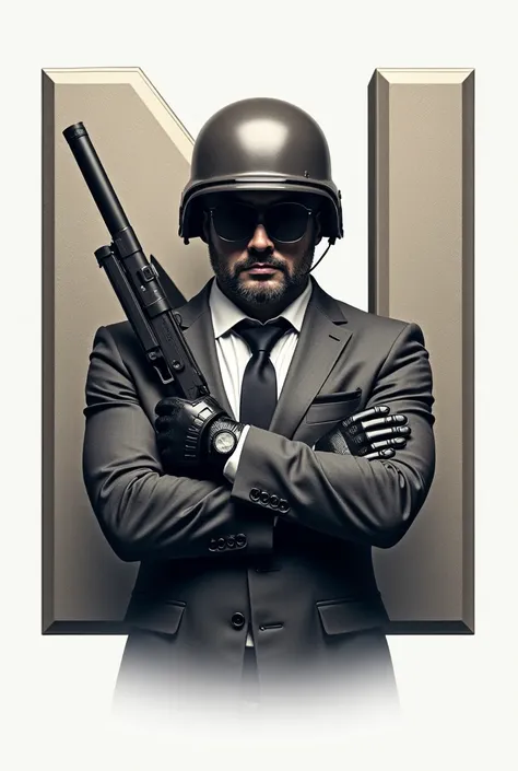 In the middle of a three-dimensional circle, a professional letter N, in the middle of which is a man wearing a tie and an advanced military helmet, wearing gloves, crossing his arms over his chest and holding a gun.