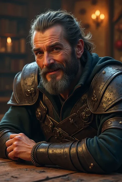 best quality,masterpiece,masterpiece portrait,intricate details,epic light,fantasy,Dungeons & Dragons,Retro,1man,Wooden table,tavern, An elegant smile,Squint,Close-up Portrait of a male Person wearing leather armor, Spiders:0.9, webs:1.0, Fantasy, Volumetr...