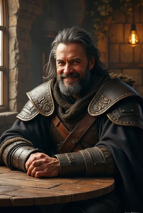 best quality,masterpiece,masterpiece portrait,intricate details,epic light,fantasy,Dungeons & Dragons,Retro,1man,Wooden table,tavern, An elegant smile,Squint,Close-up Portrait of a male Person wearing leather armor, Spiders:0.9, webs:1.0, Fantasy, Volumetr...