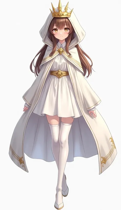 A girl [appearance = "height =  167 cm ", "long brown hair", "brown eyes", "small"] [Clothes = " white dress", "white hooded cape", " white stockings", "golden tiara"] ( full body view)  illustration, Anime 4k,  Precise,  super detailed ,  high details,  h...