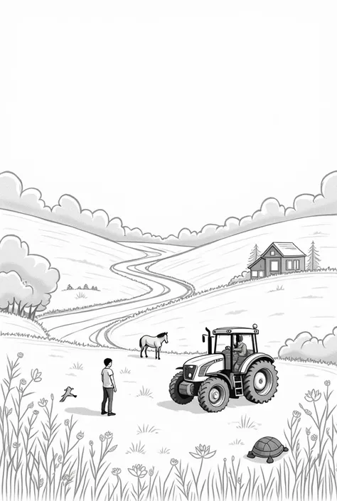  create a flat drawing ,  drawn by hand ,  only lines ,  lines,  with a tractor , 1 horse, flores, 1 person, 1 house,  a turtle walking on the pasture, A river , A road , about, , passáros