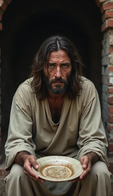 I want an image of Jesus sitting with an empty plate in his hand,  with old clothes in a humble brick wall environment and crying looking at the camera