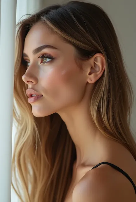 Create an image of a girl in side profile with glam makeup, a snatched jawline, and long, flowing bronde hair. She exudes confidence with a bold, elegant look, featuring glowing skin and perfect contouring.