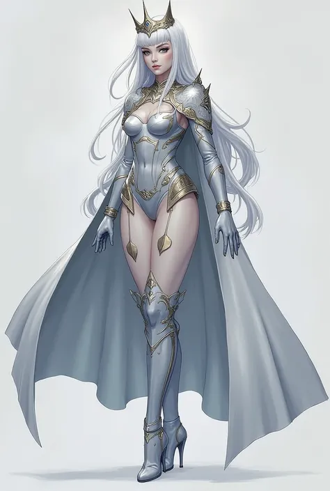  Imagine a girl named Silver Queen with metal powers whose skin is white with gray touches, with a cape and with white gloves and who wears boots.
 But show me what the image would look like at different angles such as back and forth  , right profile and l...