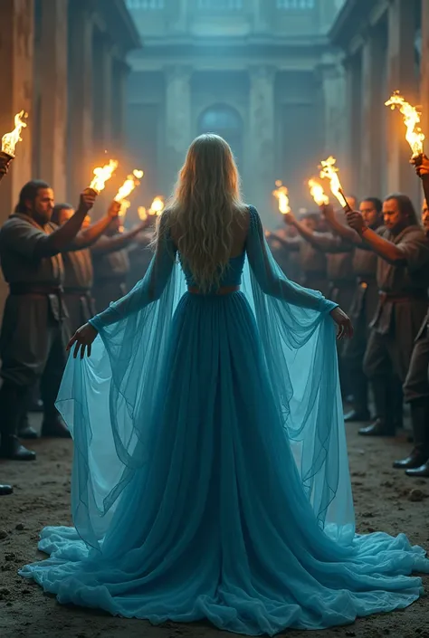 a blonde woman with a transparent blue dress, arms open and several men behind her with torches in their hands