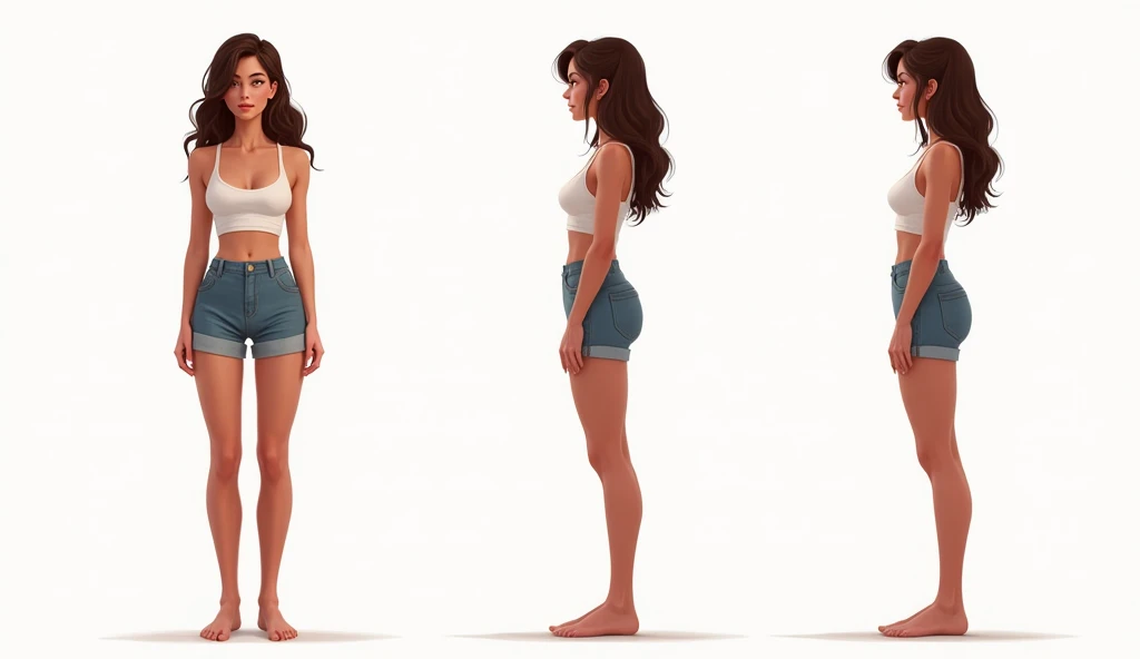 semi realistic character, woman, crop, shorts, model  sheet, multiple views, front view, side view, back view, white background 