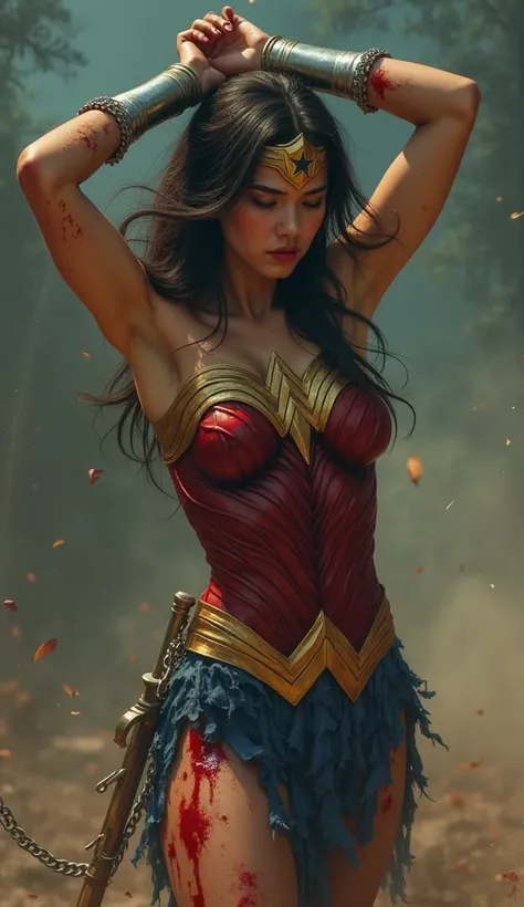  live-action、 Japanese young woman Wonder Woman 、   A picture of a man and a Wonder Woman and a man's needle  ,    Chest cut with a sword     ,  Expression of deep pain     ,  dramatic, dramatic tragedy  ,      blood is spewing out of her wound        ,   ...