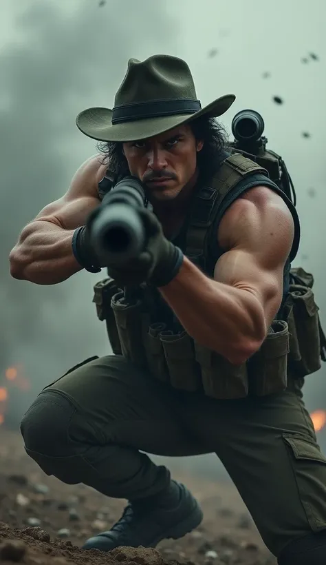 A muscular soldier with hair on his shoulder size black hair, wearing a tactical vest and military gear and a cowboy hat, crouching while aiming a shoulder-mounted rocket launcher. His expression is focused, with intense eyes locked on the target. The envi...