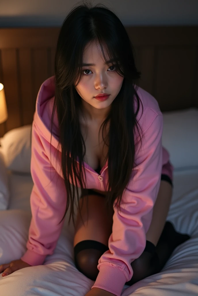  An innocent-looking woman with long, straight black hair ,  wet hair,  wide hips,  shapely legs ,  a tender and expressive face with captivating half-closed eyes and a touch of blush .  She is wearing tight black panties with pink stripes , a short pink h...