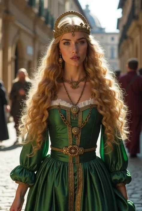 Beautiful woman in Italian Renaissance style. She wears a green Renaissance dress, extremely long curly blonde hair and jewelry . Renaissance headdress. You are walking through the streets of medieval Renaissance Florence 