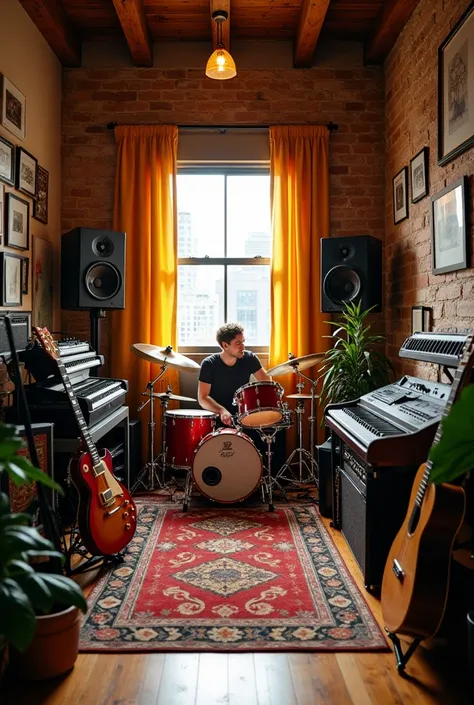 Home musical studio with guitar, drums, accordion and keyboard