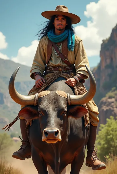  Make a full-bodied young man with Paraguayan features,  gypsies and indigenous ,  with long hair wearing a hat and a blue scarf , Standing on a bull  