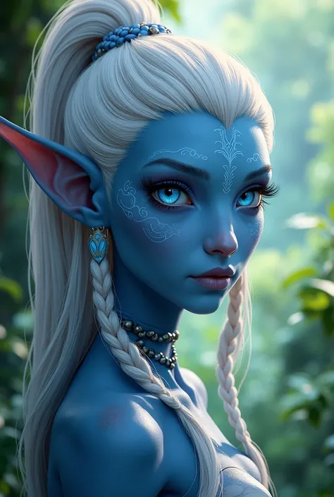 A female Na'vi with white hair and blue eyes. In semi-realistic anime style.