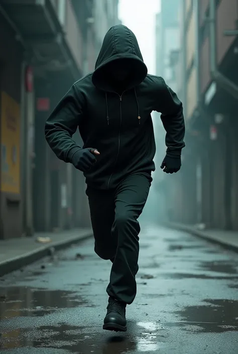 Man dressed in black hooded pants and blouse running with earphones 