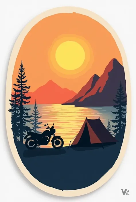  I want to create a minimalist image where the background would be a sunset in the sea reflecting the sun with a mountain to the right and the left of the sun,  and the silhouette of a motorcycle and a camping tent in the foreground , Everything is very si...