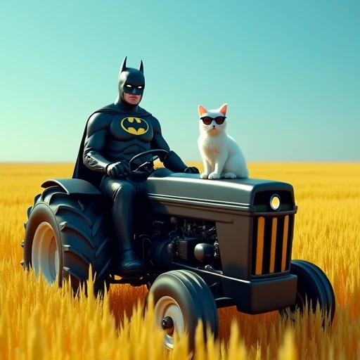  Ride a black tractor and harvest rice。Dressed in a Batman suit、It's a white cat wearing sunglasses that determines a snappy pose。
 full body image