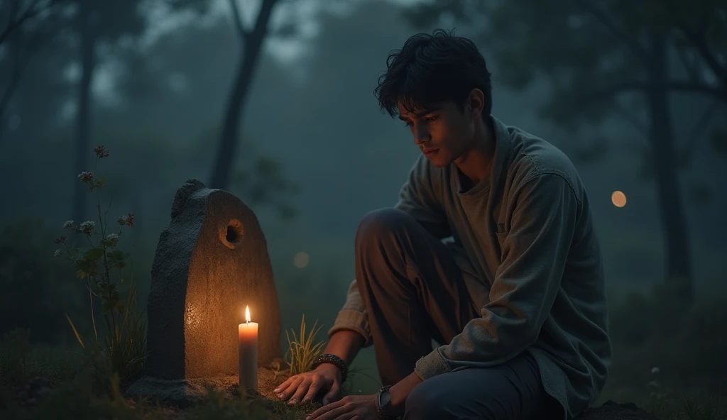  A young man kneeling before a small simple grave in India .  He holds a burning candle and looks at the headstone with sadness and gratitude, remembering his lost brother ."