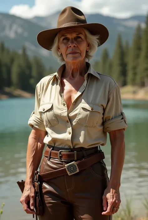 18th century. athletic bodybuilder granny works as a sheriff in the wild west.  realistic photo. she is standing by the lake wearing short-sleeved clothes and leather pants and a hat.  she has big breasts . compresses the biceps. thick arms