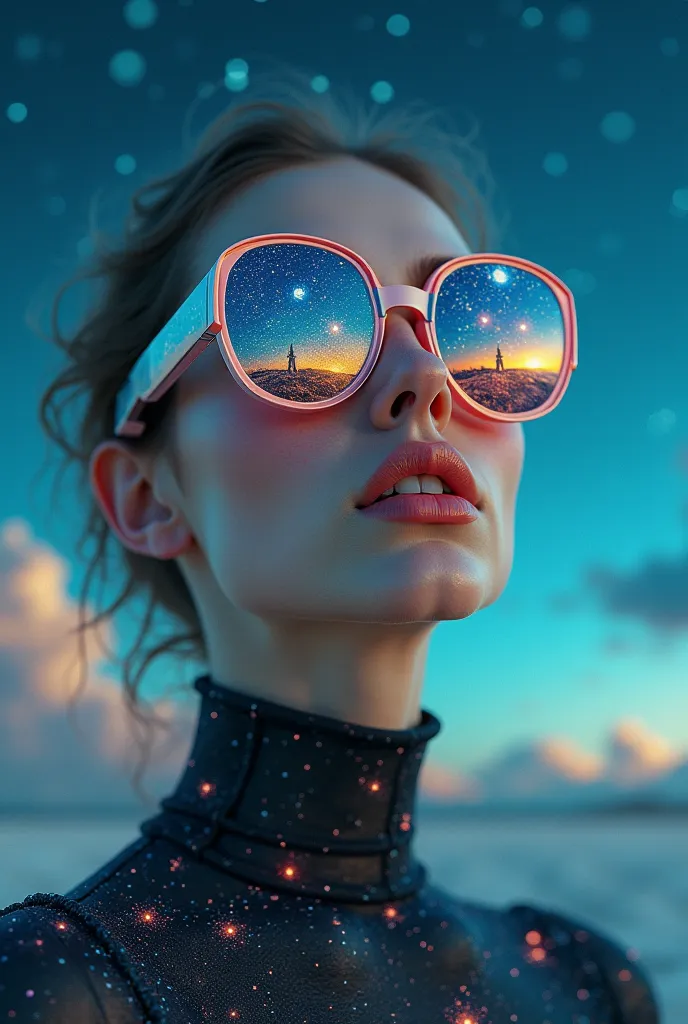  The model wears glass sunglasses with stars and the moon in the glass