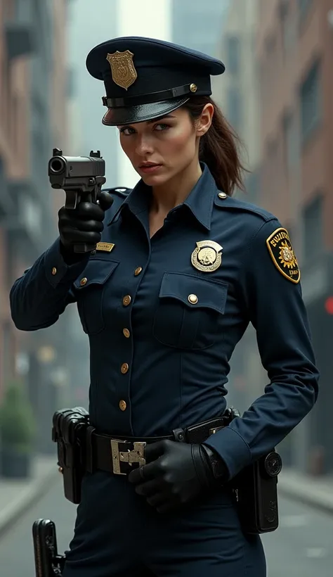 a female cop with one hand at its uniform and with the other hand pointing gun towards herself