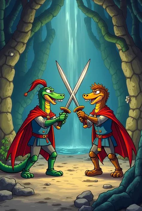 cartoon characters in medieval costumes are fighting with swords, concept art by Hanna-Barbera, tumblr, cobra, don bluth animation, facing off in a duel, medievil spear, loony tunes style, dragon in dragon lair, master splinter, dragon's lair, dragon’s lai...