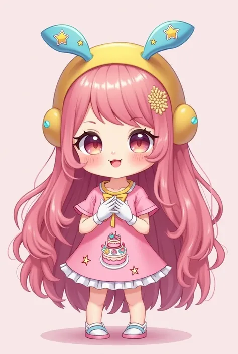 a girl with long, wavy pink hair. She is wearing a pink t-shirt with a cake and candy design, and white gloves. She is also wearing a yellow headband with blue antennae alien and star accessories chibi style. 