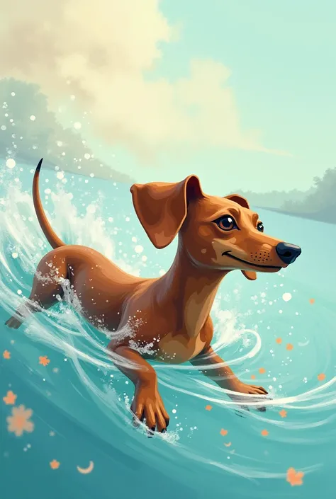 Generate a Dachshund dog with elements that represent the love between swimming and drawing