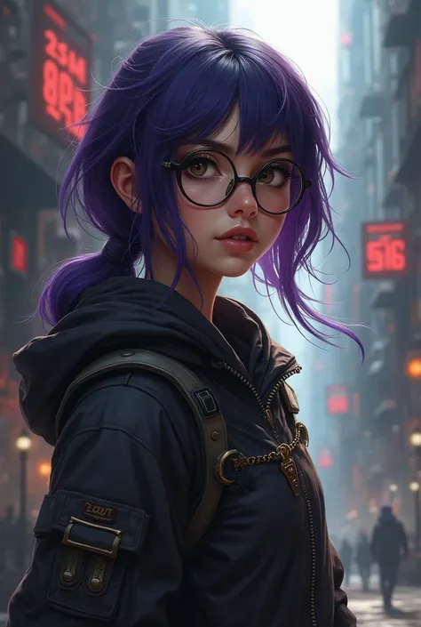 Create me (girl, dark purple hair to my shoulders, brown eyes with glasses as an arcane character from Zaun