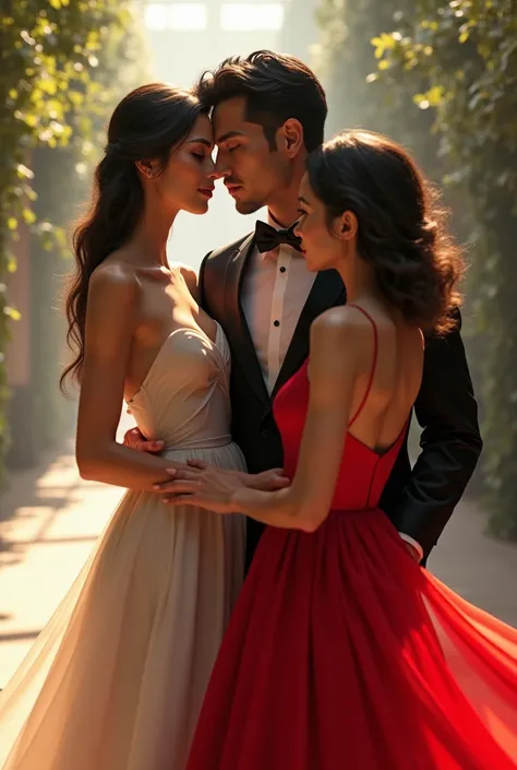  Woman in light dress with man in black suit and woman in red dress 