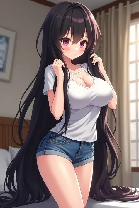 An extremely busty anime woman, with big ass, and long hair, completely smooth, black, silky and shiny that reach the floor, she is biting her lower lip, she is standing next to a bed, and the camera is showing her from head to toe, she is DRESSED, She is ...