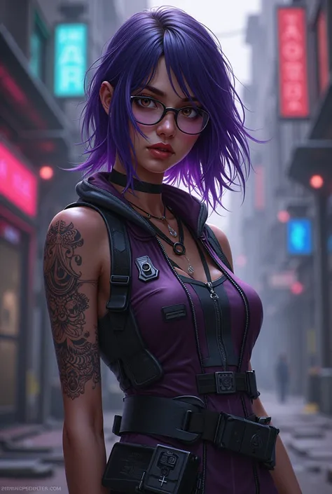 Create me (girl, dark purple hair to my shoulders, brown eyes with glasses, tattooed one hand) as an Arcane character from Zaun