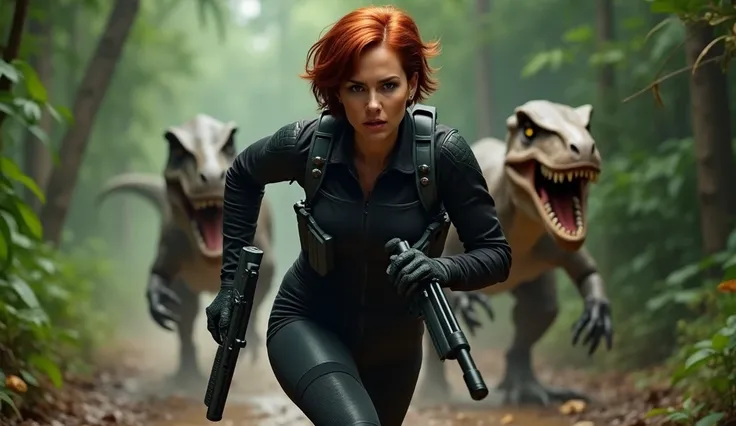 realistic image, ultra HD, 4k image, realism, action movie scene, A fierce woman with short, vibrant bob haircut red hair, wearing a black tactical suit with gray details, sprints toward the camera with intense determination. She grips two submachine guns,...