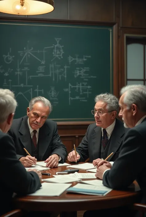  Close-up of an improved masterpiece:1.5)0.9], (Space and astronauts:1.2) ( Messy silver hair :(scenario:  A conference room with a large blackboard in the background. Dalton, Thomson, Rutherford and Bohr are seated around a table , Discussing.