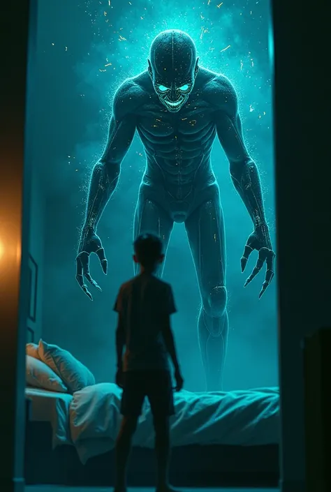 “Create an image where the sinister digital entity iPhoneCu, with a cracked glass face, glowing circuitry eyes, and surreal glitch effects, is seen abducting a terrified teenage boy named Matheus. iPhoneCu’s distorted, metallic arms wrap around Matheus as ...