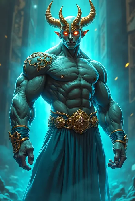 generate an art-style image of a DejJojo's Bizarre Adventure booth based on the following description:

A muscular and imposing humanoid wearing shiny cyan ,  crowned with golden horns and glowing eyes that emanate an aura of absolute authority.