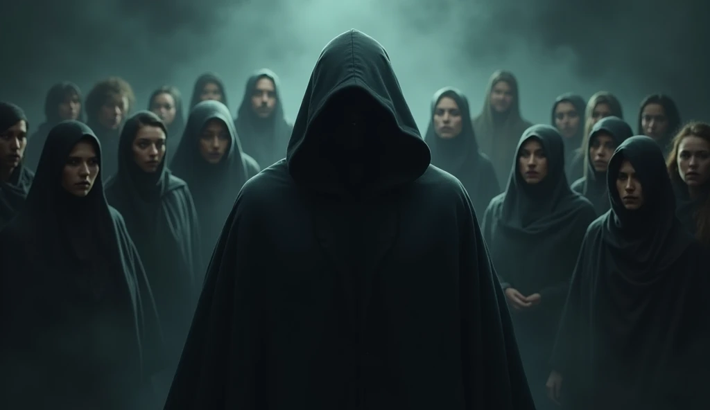 A shadowy figure standing in front of a group of followers, with their eyes fixated on him, as they are drawn toward false teachings, creating an atmosphere of danger and manipulation.