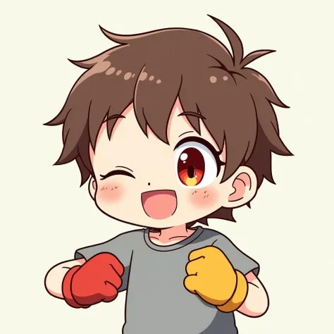 boy ,  brown hair,  left eye yellow, the second is red, he is wearing a grey t-shirt and gloves,  one red, another yellow. Fair-skinned boy.

He's joyful , depicted full body

Chibi and anime style, like a screensaver