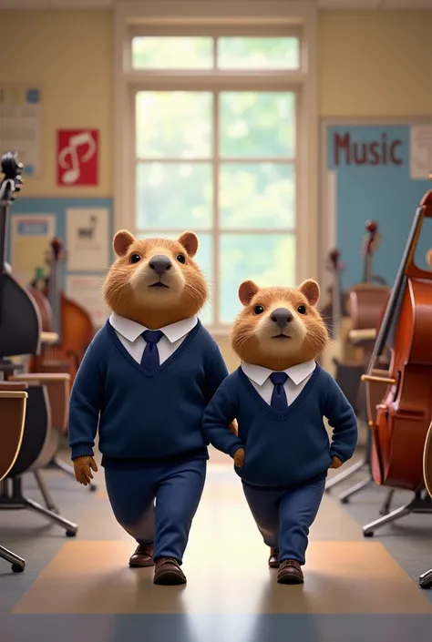 Pixar poster capybara and ren in uniform navy blue sweater white shirt, navy blue tie and navy blue pants passing music classes at school with musical instruments with capital letters MUSIC