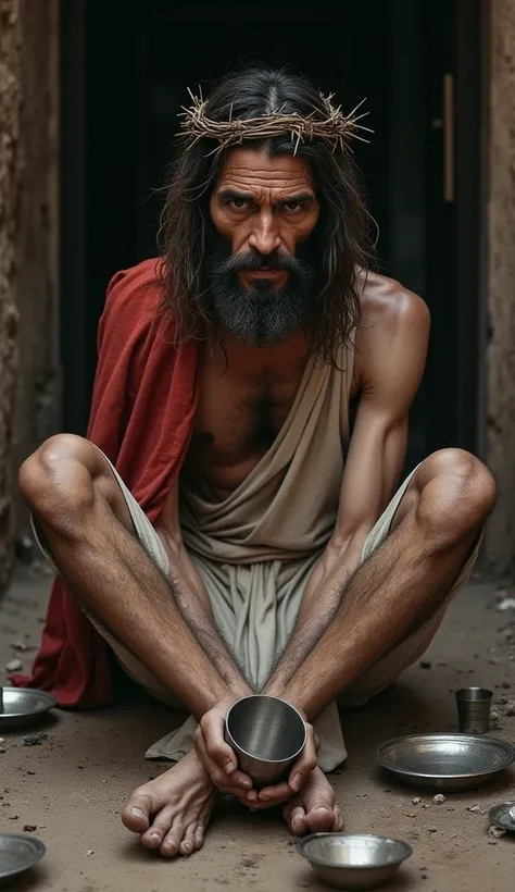 A thin, Jesus-like man with a sad appearance and a crown of thorns on his head is sitting on the dirt floor of a dark, abandoned alleyway. He looks directly at the observer with an intense, melancholy gaze. His emaciated body is covered by a white tunic an...