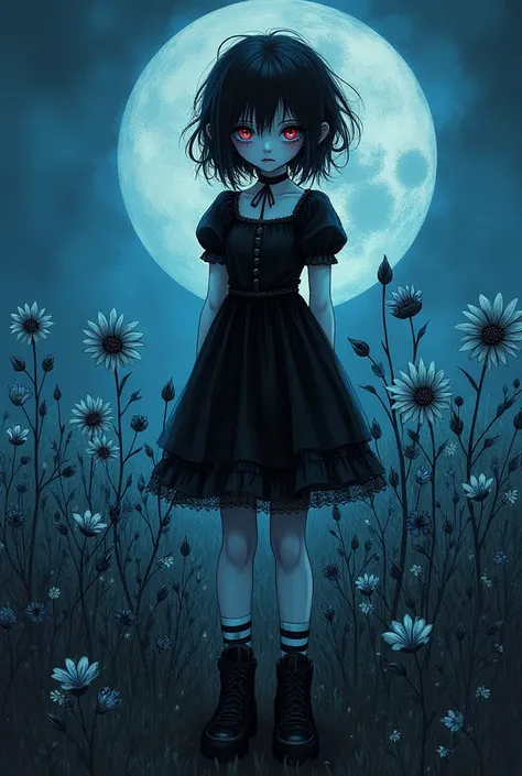 I have to become  "dark" Beremis examined,  Sorry ;) ___  A goth girl in a black dress,  striped socks , boots, large clear eyes,  messy hair  [[negro,  blue and red ]],  standing in a field of tall flowers  [[blues]], moonlit night,  spooky atmosphere , a...