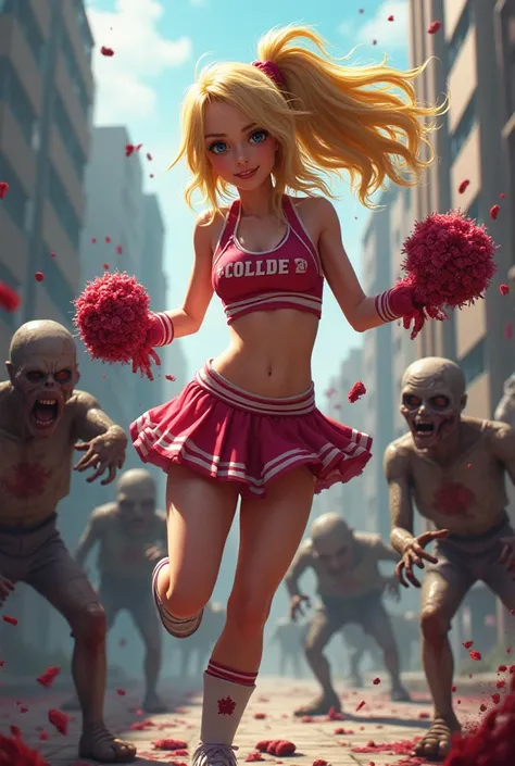 Juliet Starling a cheerleader, with blonde hair, age, 18 and fight, zombies lollipop chainsaw