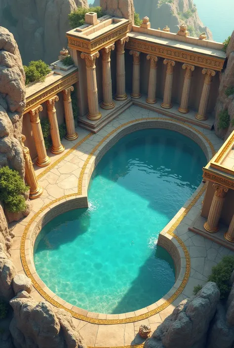 Make an Olympus RPG battlemap, with a crystal clear pool, Greek architecture with gold details, but simple, very simple with few details,but not forgetting the 2D Greek theme, with a more less realistic map theme, looking like a drawing with an oblique aer...